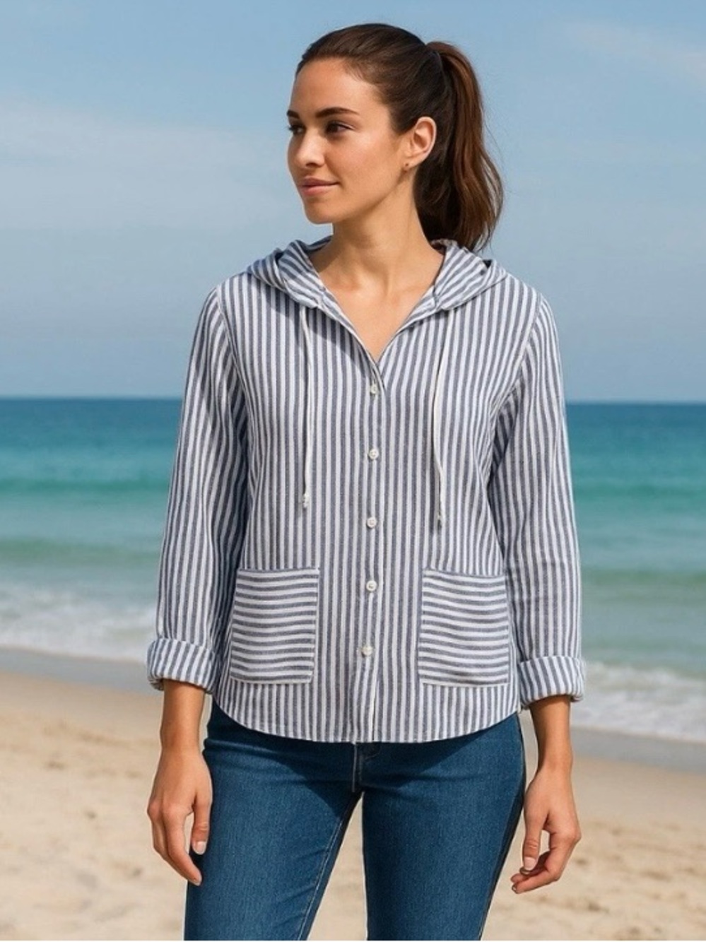 Tahari Navy & White Striped 100% Linen Hooded Button-Front Top Size 3X New